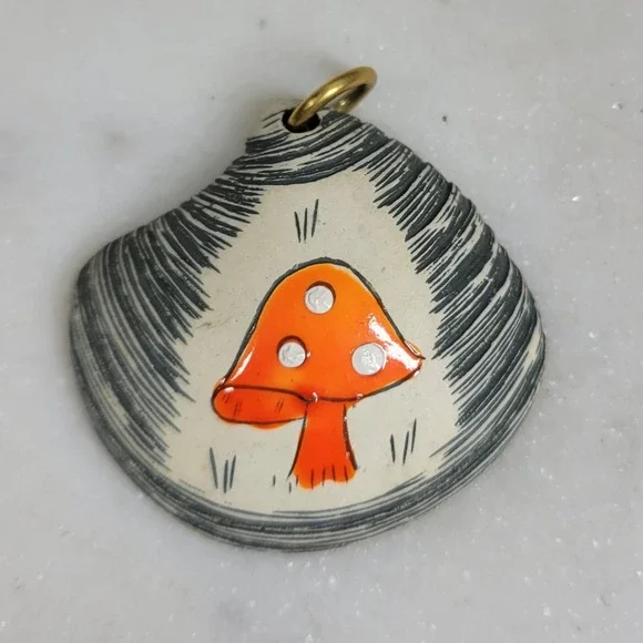 Handpainted Shell Mushroom Pendant Orange Cottagecore Woodland Jewelry Whimsical - Picture 1 of 10